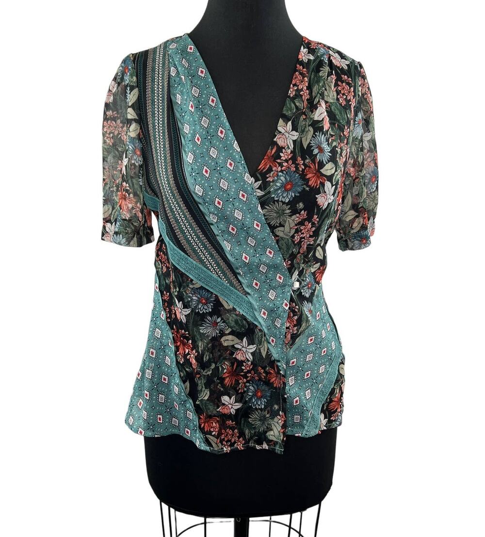 Anthropologie TINY Lovely Patchwork Sheer Wrap Top Short Sleeve Floral Stripe S